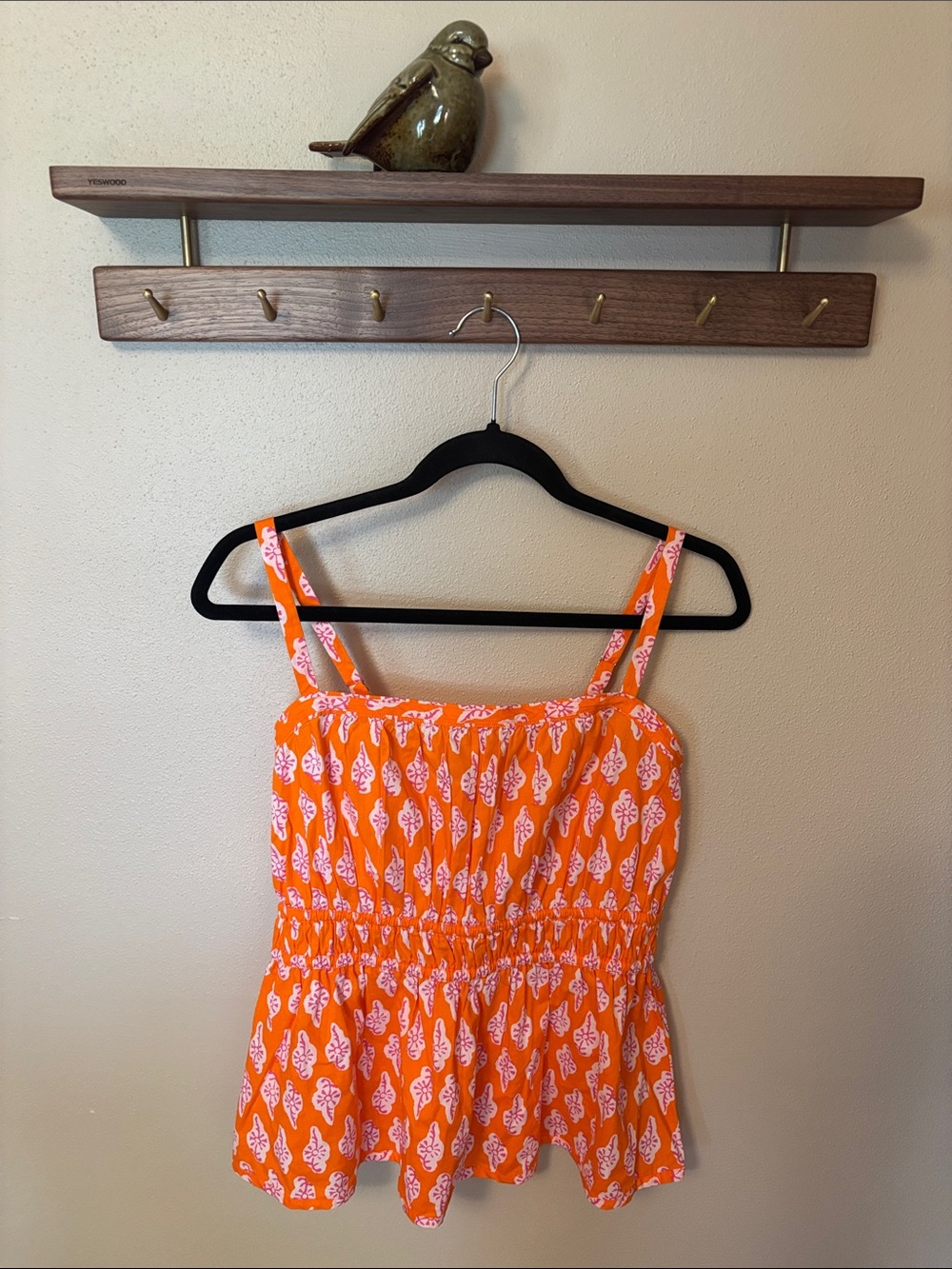 J. Crew Orange Printed Smocked Cami with White Leaf Motif